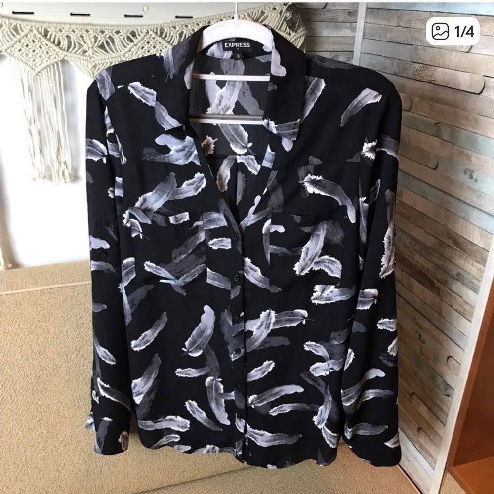 Express Portofino Black White Button Up Polyester Shirt